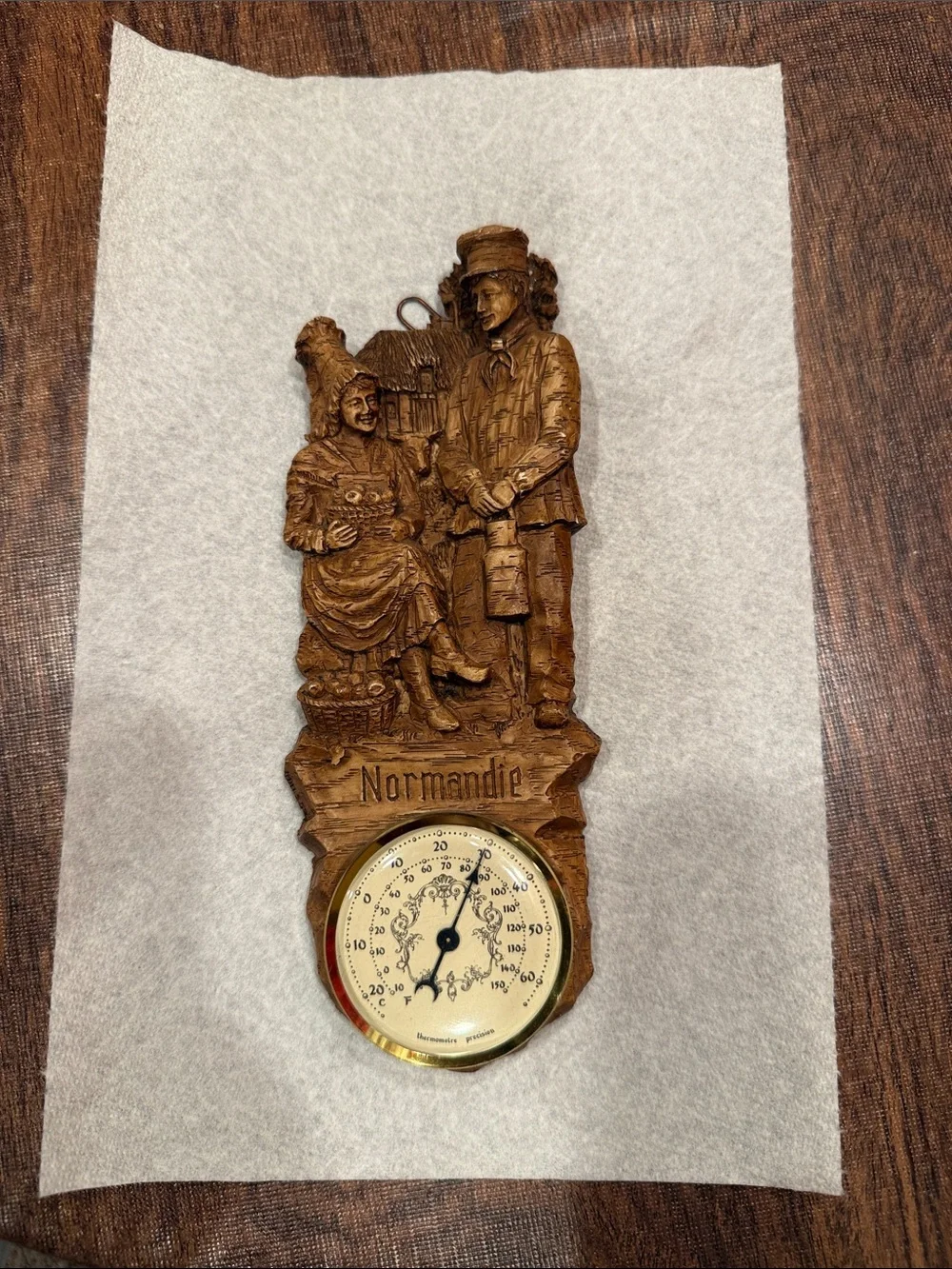 Andie Carved Wood Wall Thermometer Plaque in Brown